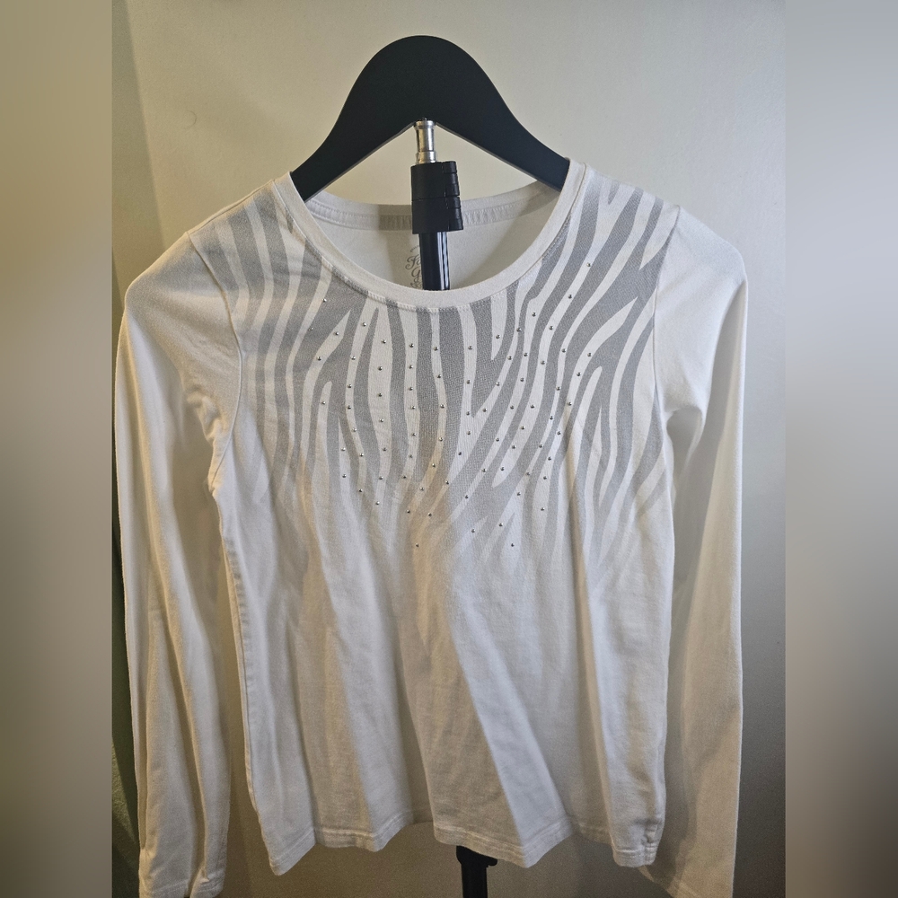 Kids White Long Sleeve Top with Silver Zebra Print